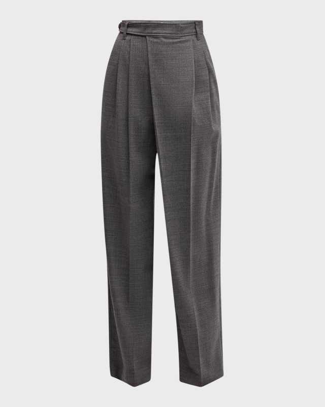 Stretch Wool Grisaille Crossover-Waist Wide-Leg Trousers