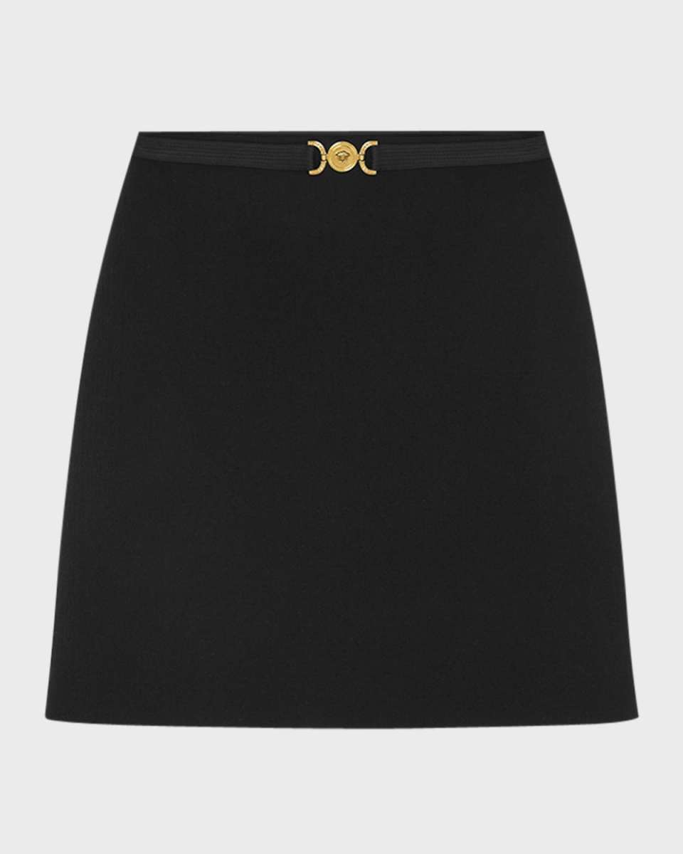 Medusa-Belt Double Wool Crepe Stretch Mini Skirt