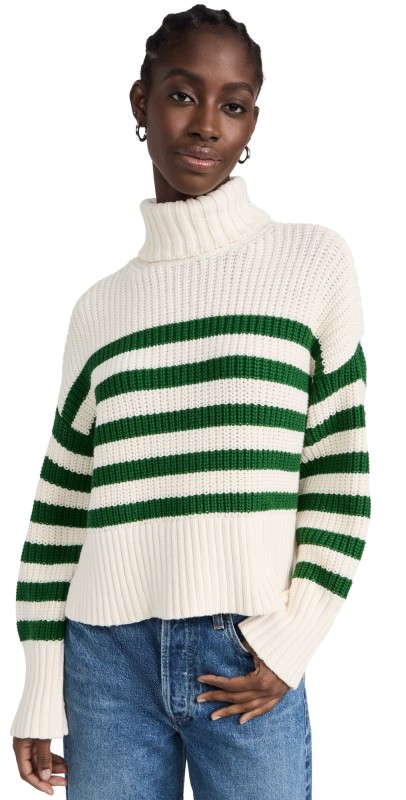 Madewell Wide Rib Mockneck Sweater in Stripe Antique Cream/Varsity Green St