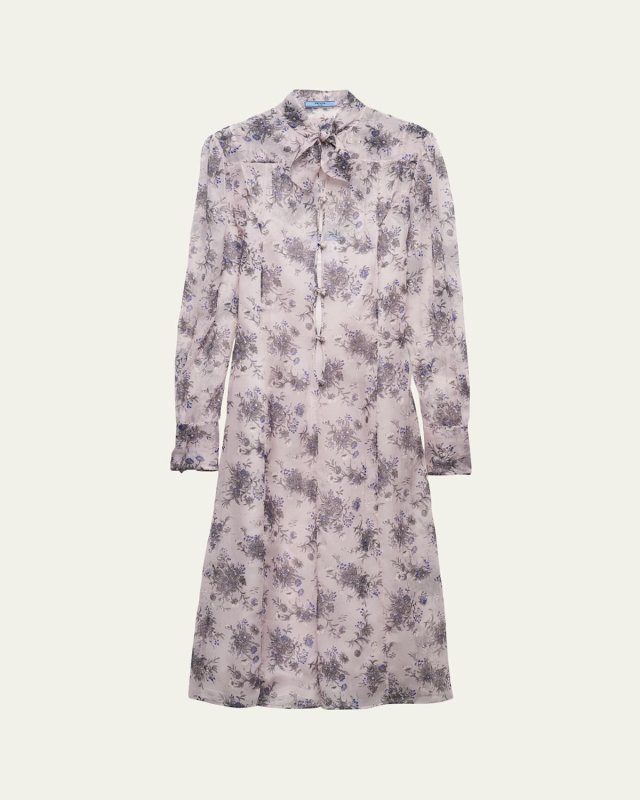 Floral Chiffon Scarf-Collar Midi Dress