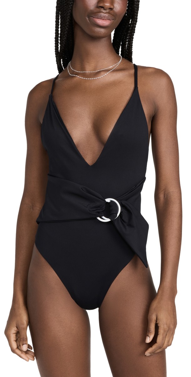 SIMKHAI Niya Deep V Neck One Piece Swimsuit Black