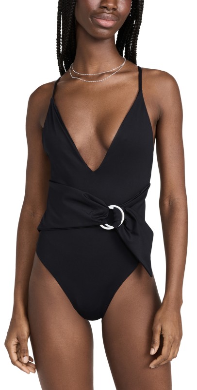 SIMKHAI Niya Deep V Neck One Piece Swimsuit Black