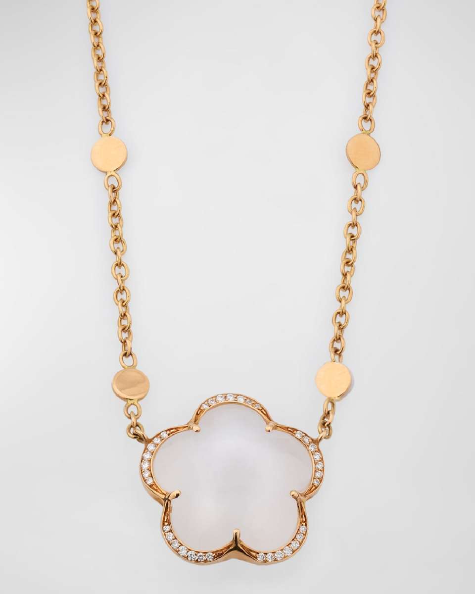 18k Rose Gold Milky Quartz Floral Necklace with Diamonds