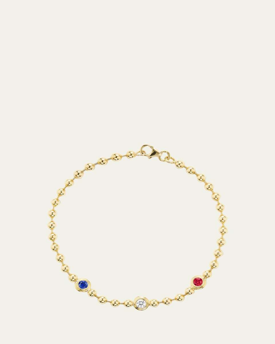 18K Gold Double Bubble Bracelet with Blue Sapphire, Diamond, and Ruby