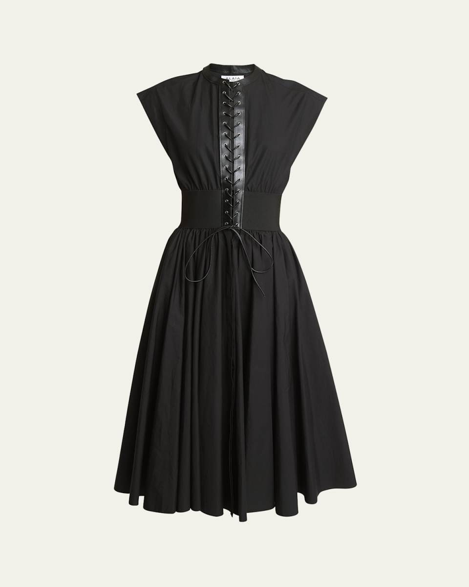 Lace-Up Belted Midi Dress