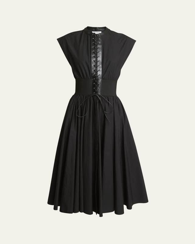 Lace-Up Belted Midi Dress