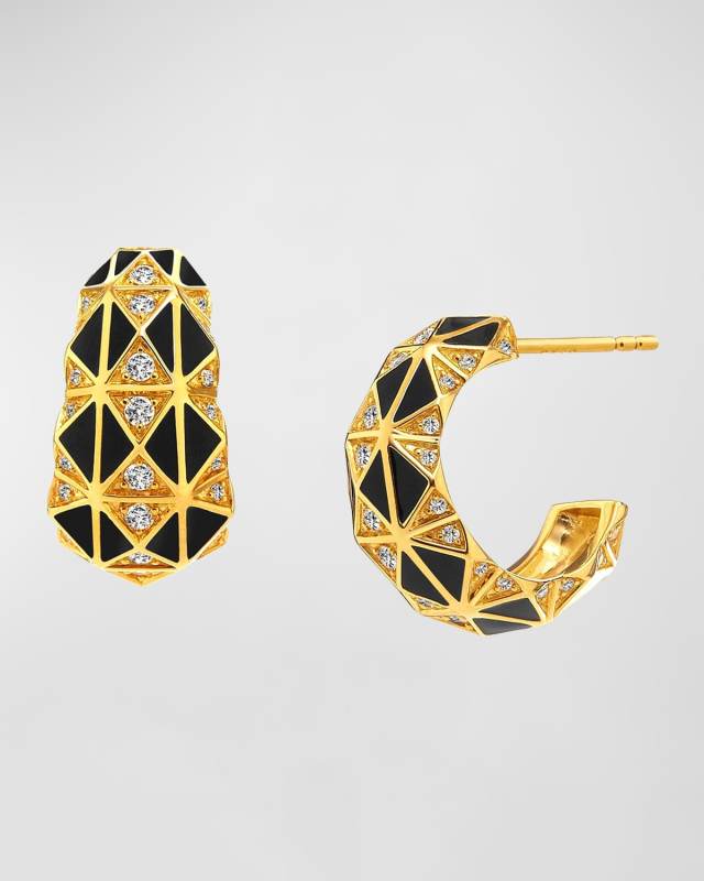 18K Yellow Gold Enamel Hoop Earrings with Diamonds