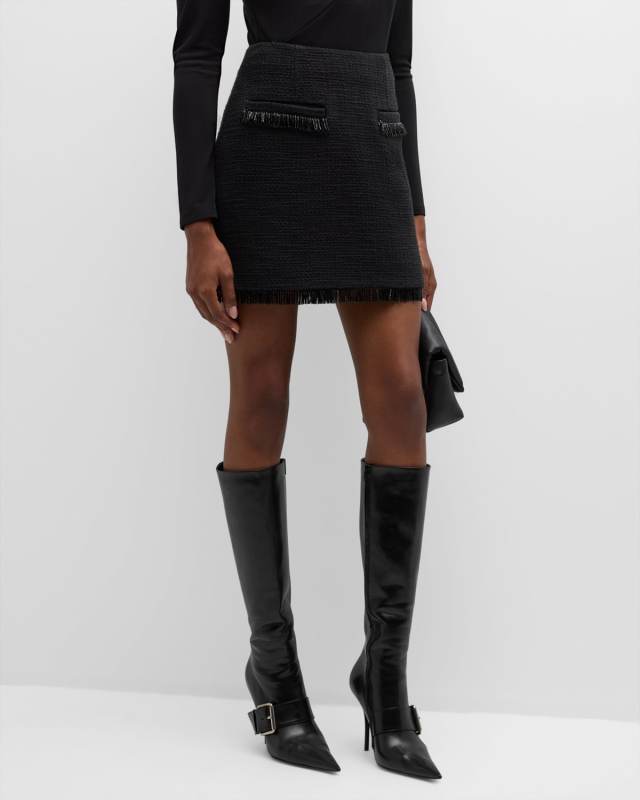 Kimmie Embellished Fringe Cotton Bouclé Mini Skirt