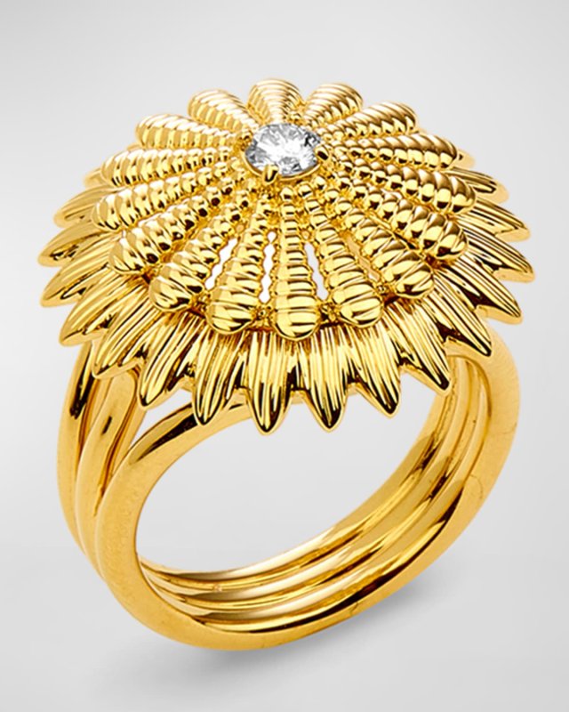 18K Yellow Gold Diamond Flower Ring, Size