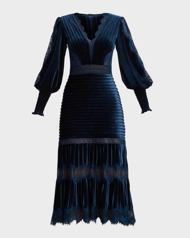 Pleated Bishop-Sleeve Velvet Midi Dress