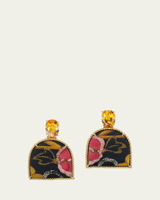 18K Yellow Gold Tibetan Rose Print Marquetry Earrings with Citrine and Diamond