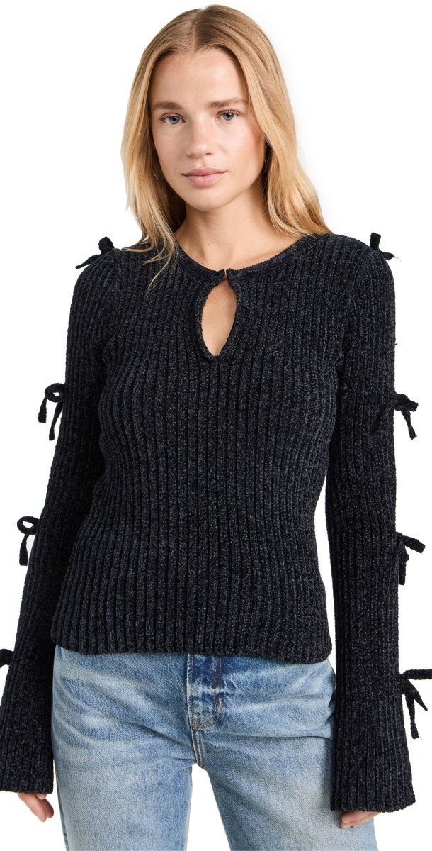 Moon River Cut-Out Ribbon Sweater Black