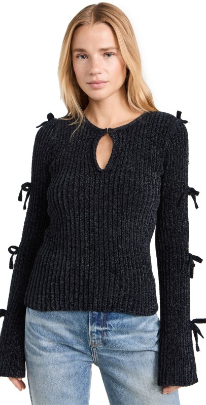 Moon River Cut-Out Ribbon Sweater Black