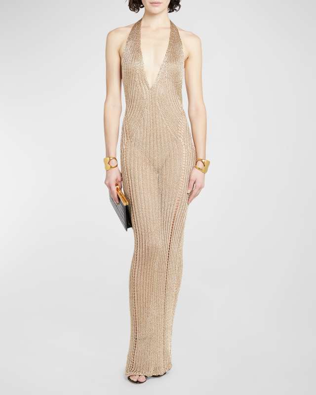 Metallic Knit Plunging Halter Backless Gown