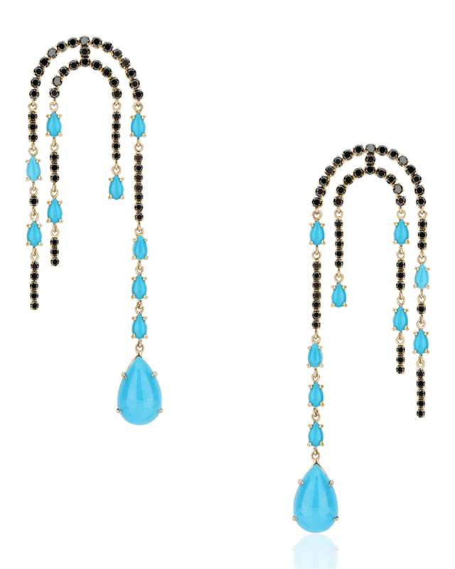 18k Sleeping Beauty Turquoise Black Diamond Dangle Earrings