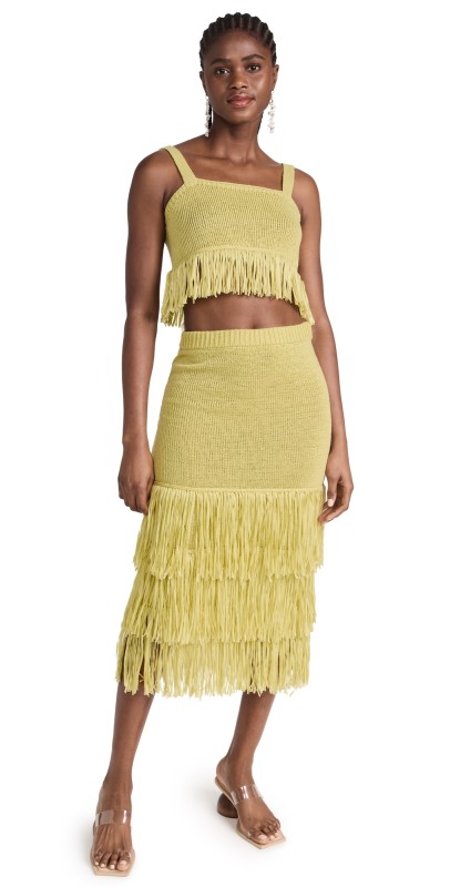 Saylor Shanda Tape Yarn + Fringe Midi Skirt Set Chartreuse