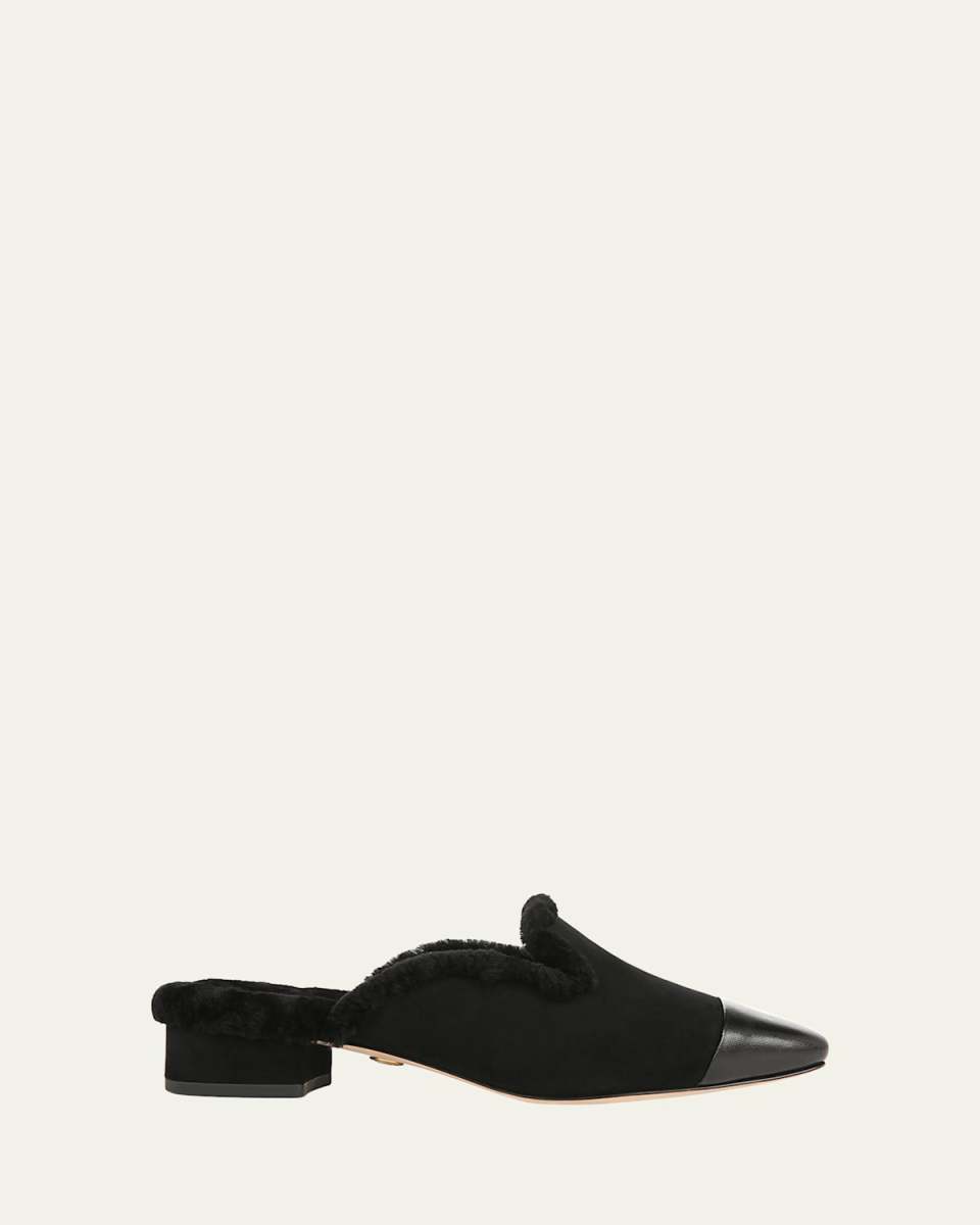 Cecile Suede Shearling Cap-Toe Mules