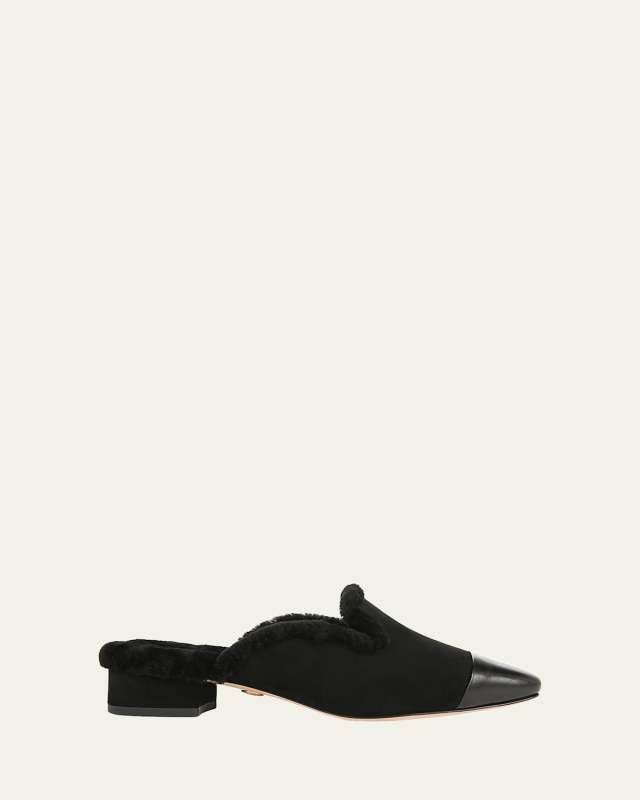 Cecile Suede Shearling Cap-Toe Mules