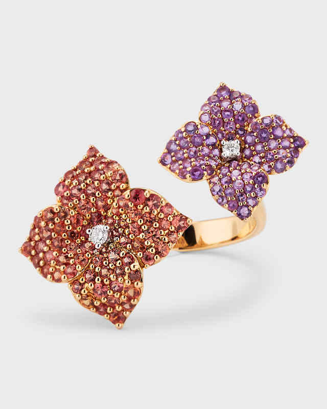 18K Yellow Gold Orange Sapphire, Amethyst and Diamond Ring, Size 6.5
