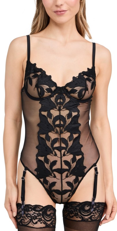 Fleur du Mal Lily Embroidery Cupped Thong Bodysuit Black