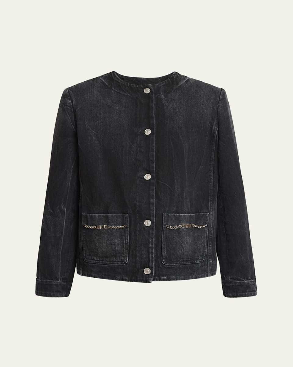Collarless Button-Front Denim Jacket
