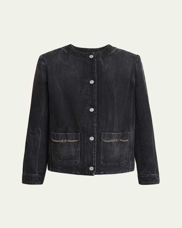 Collarless Button-Front Denim Jacket