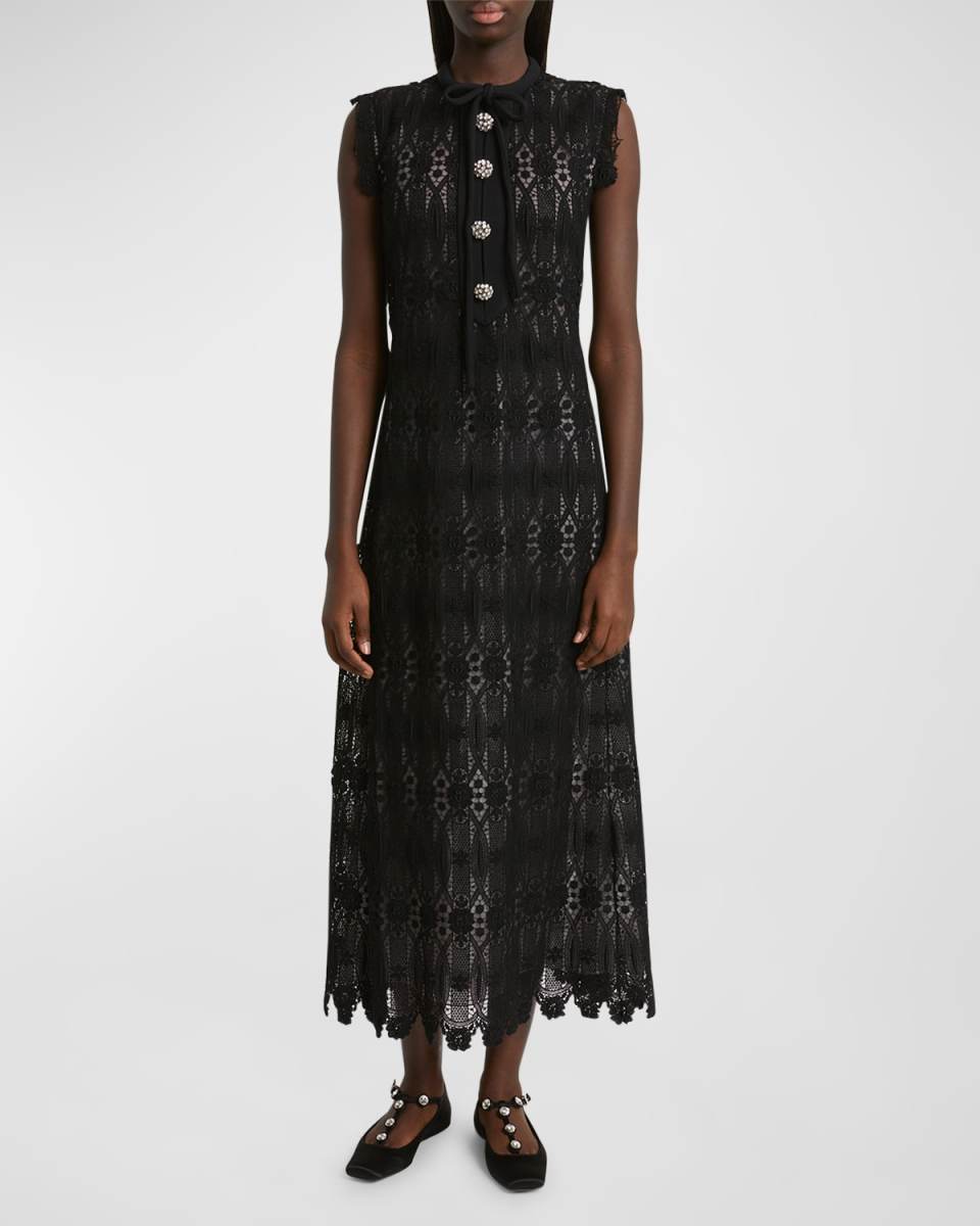 Crystal-Button Sleeveless Guipure Lace Midi Dress