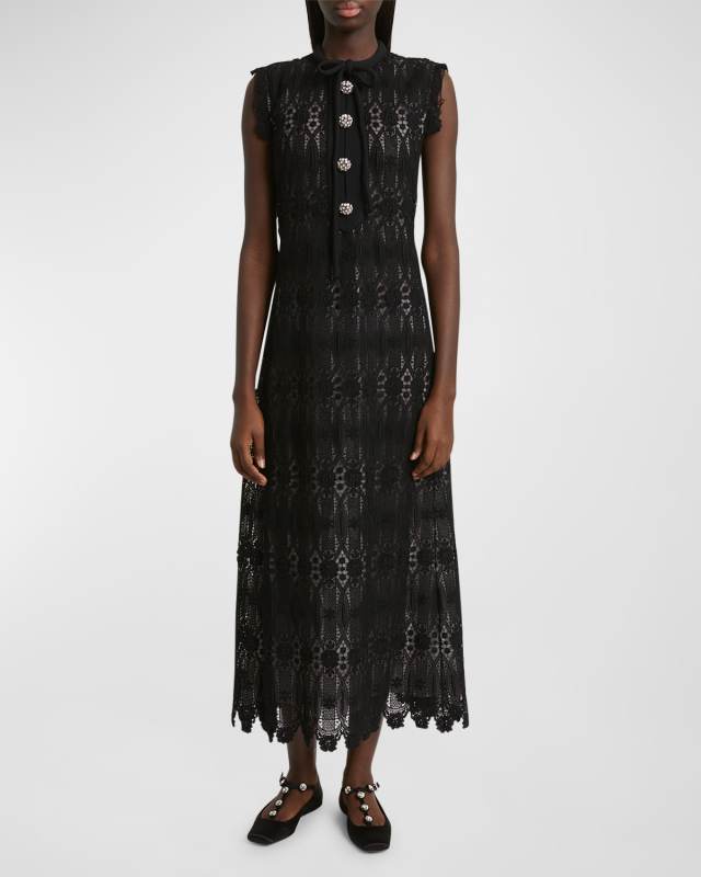 Crystal-Button Sleeveless Guipure Lace Midi Dress