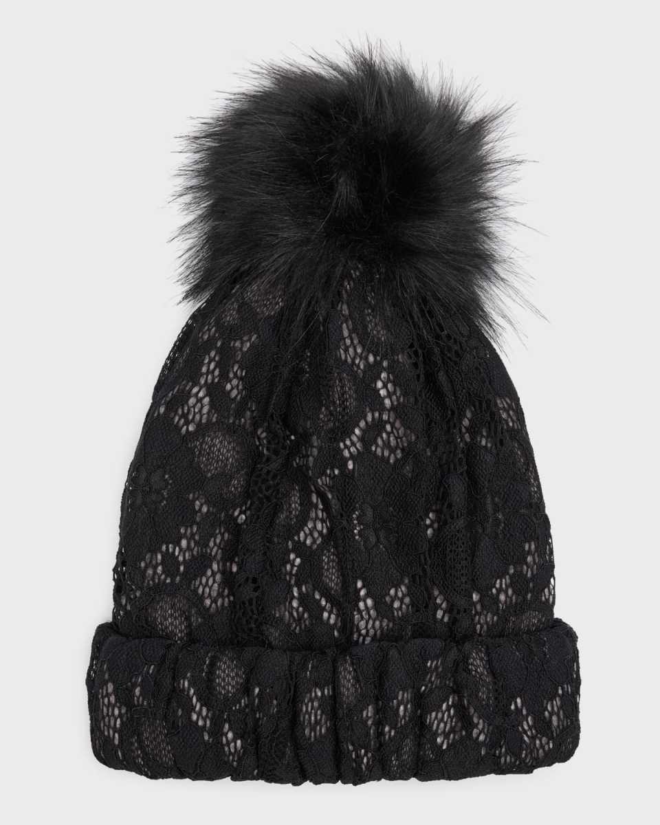Lace Beanie With Faux Fur Pom