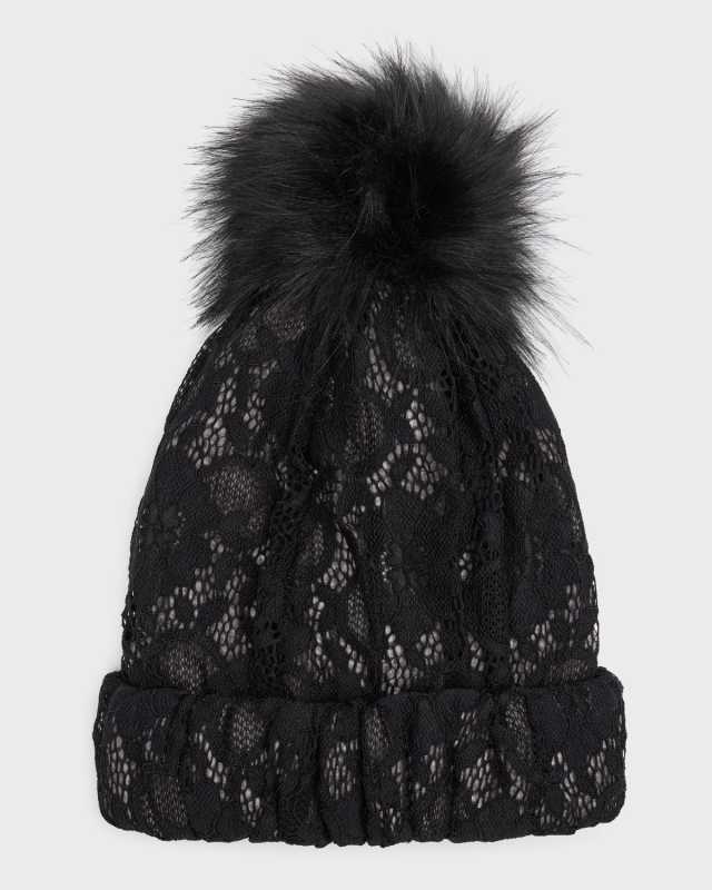 Lace Beanie With Faux Fur Pom