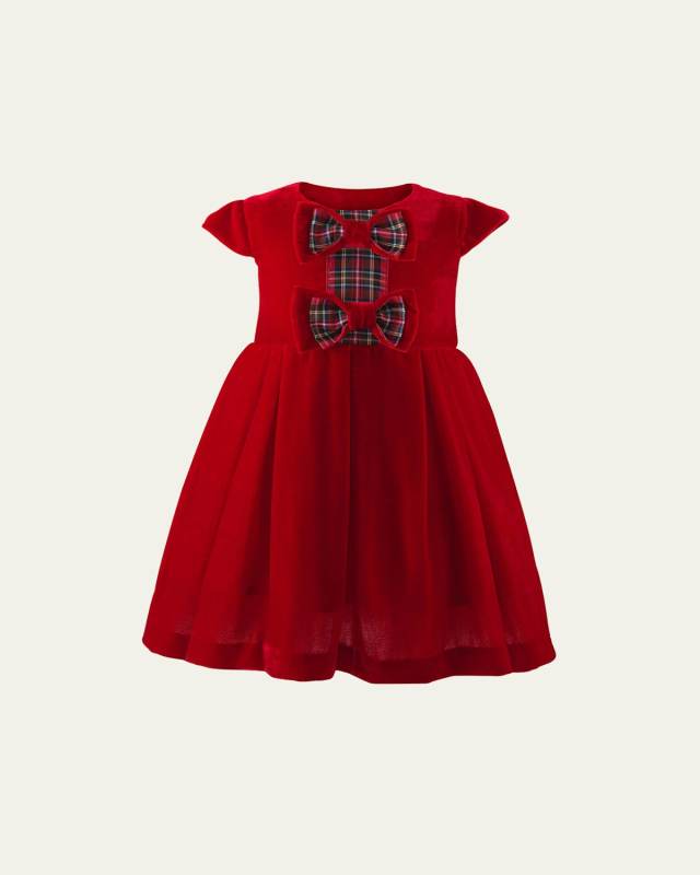 Girl's Bow Velvet Holiday Tartan Bow Dress, Size 6M-24