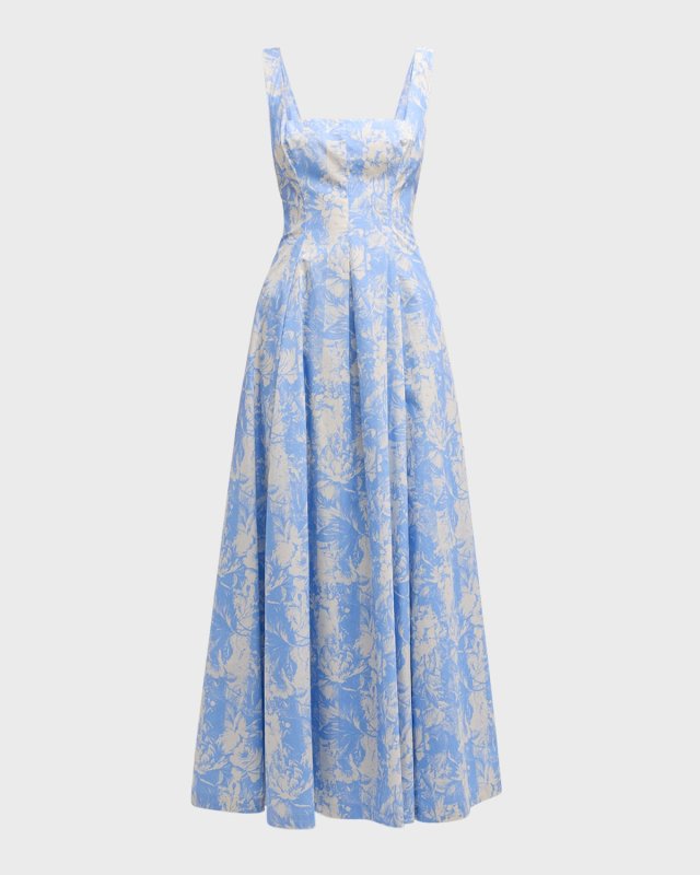 Square-Neck Striped Flower-Print Sleeveless Maxi Dress