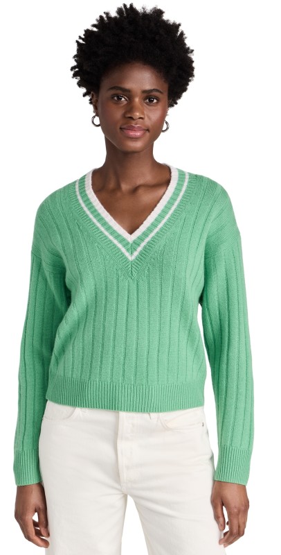 White + Warren Cashmere Varsity Wide Rib V Neck Retro Green/White
