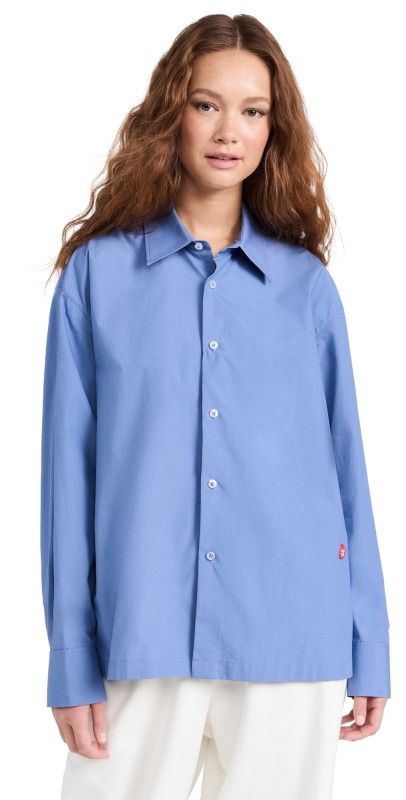 Alexander Wang Button Up Long Sleeve Shirt with Logo Apple Patch Dark Iris