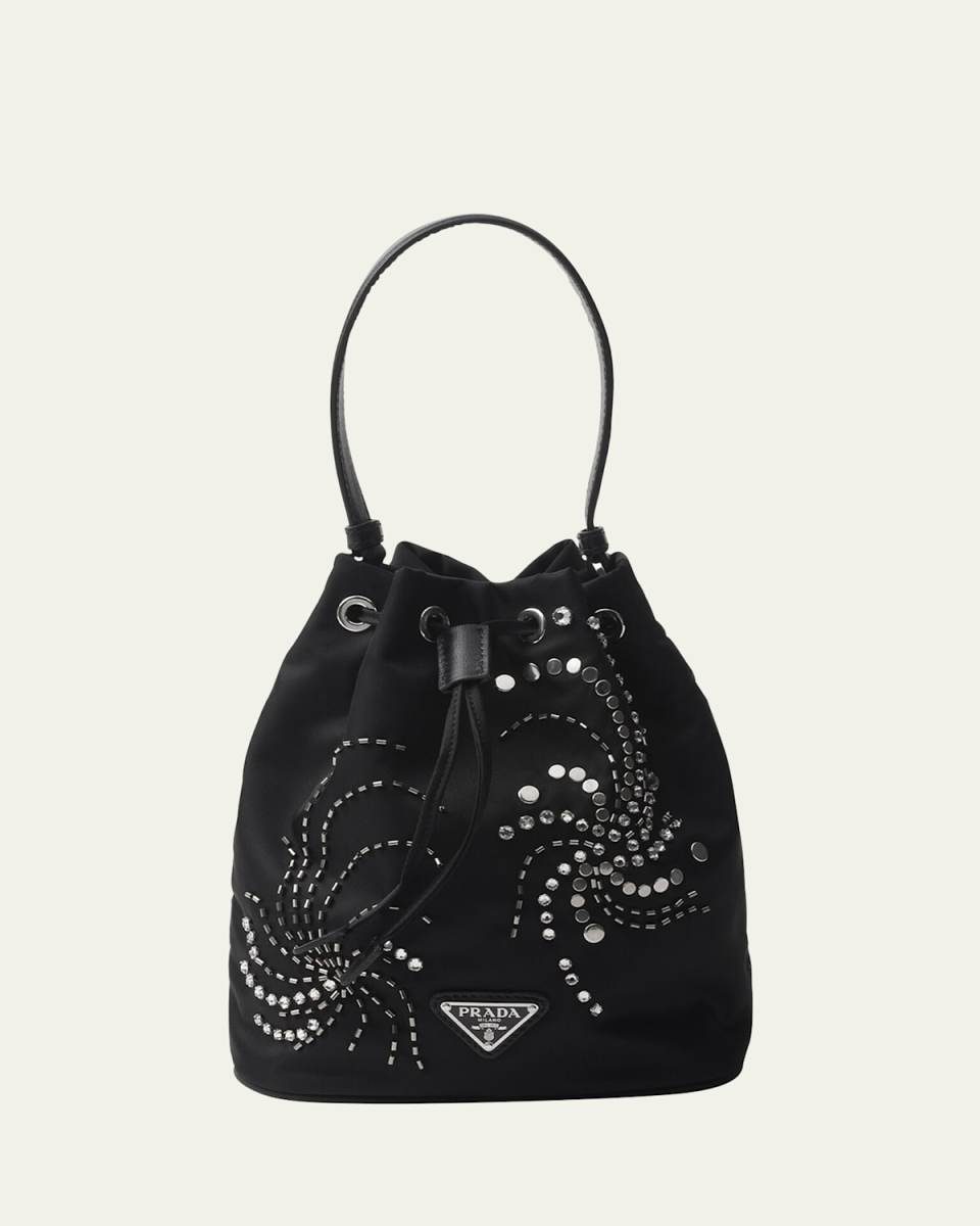 Embellished Drawstring Nylon Bucket Bag