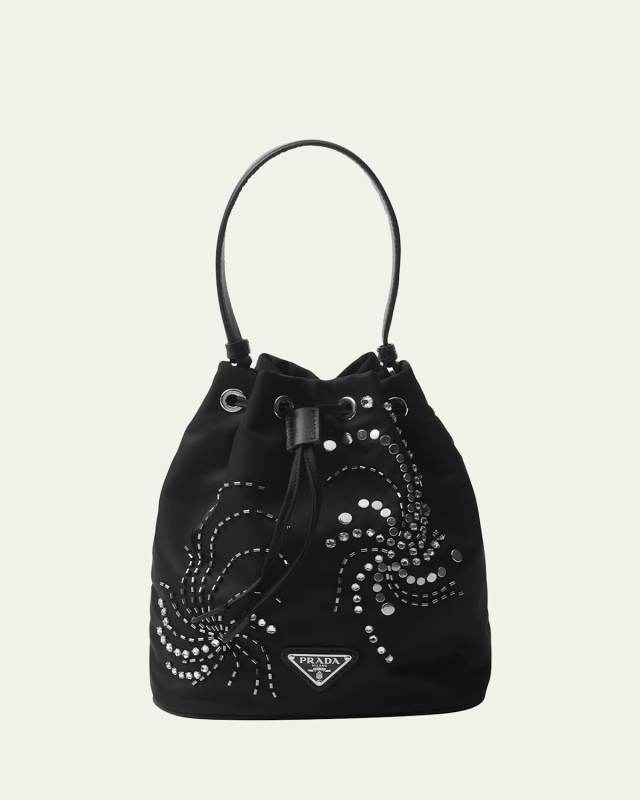 Embellished Drawstring Nylon Bucket Bag