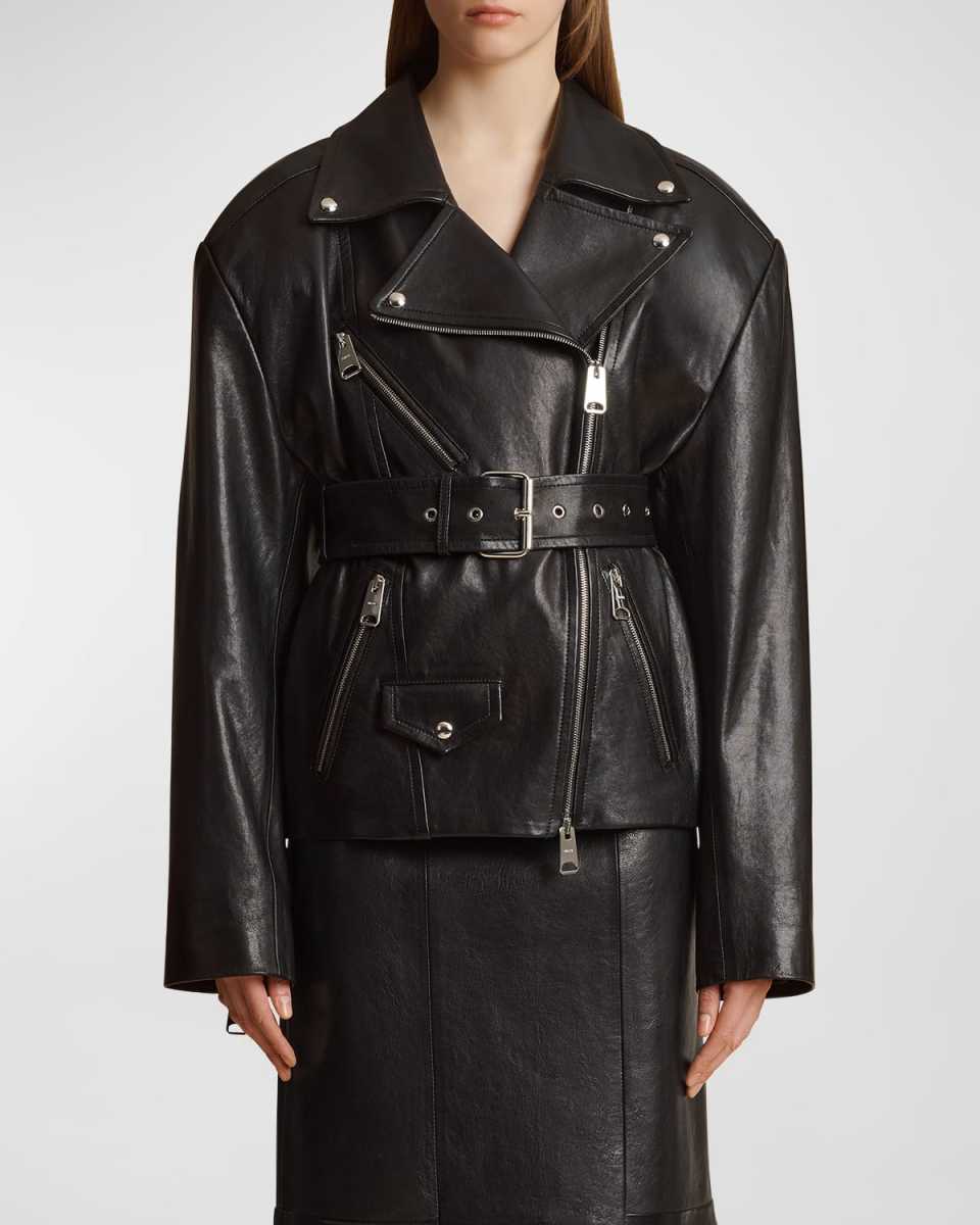 Fabbie Belted Leather Moto Jacket