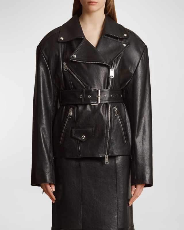 Fabbie Belted Leather Moto Jacket