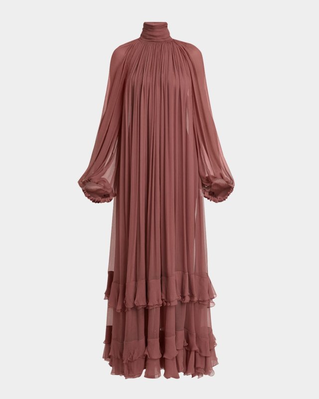 Maxi Ruffled Mock Neck Silk Mousseline Dress