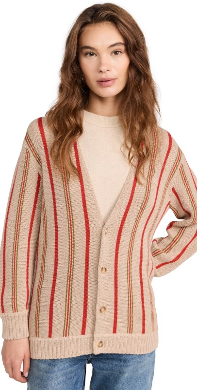 THE GREAT. The Everett Alpaca Cardigan Oatmeal Heritage Stripe