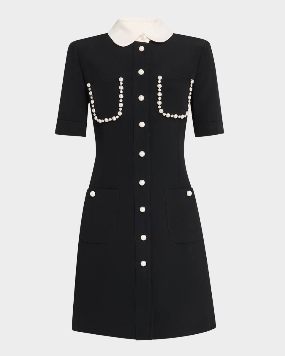 Pearly Embellished Contrast-Collar Mini Dress