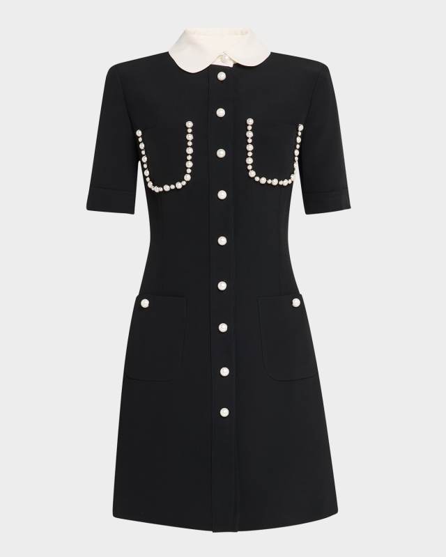 Pearly Embellished Contrast-Collar Mini Dress