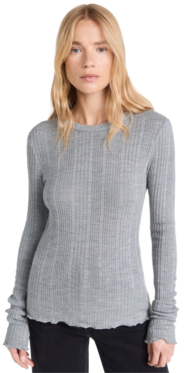 RECTO Wavy Trimming Wool Blend Ribbed Top Melange Grey