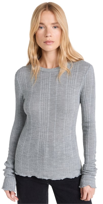 RECTO Wavy Trimming Wool Blend Ribbed Top Melange Grey