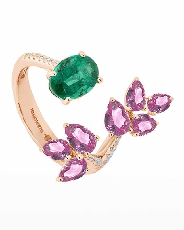 18k Rose Gold Open Emerald-End Ring with Diamonds and Sapphires, Size 7