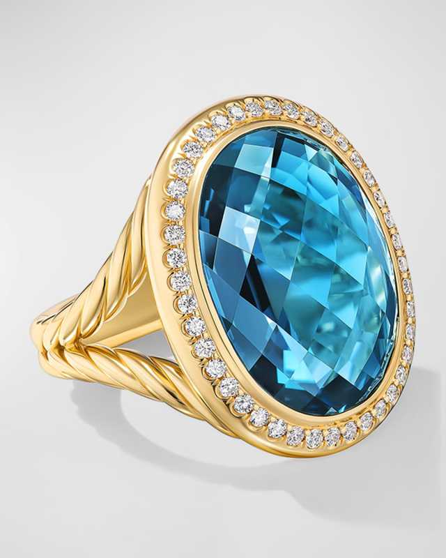 Oval Ring with Gemstone and Diamonds in 18K Gold, 30x22mm