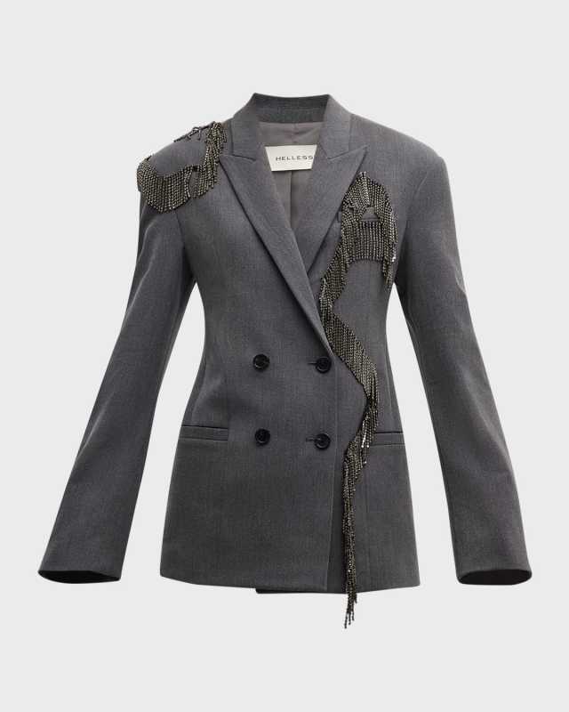 Batiste Crystal Fringe Double-Breasted Blazer Jacket