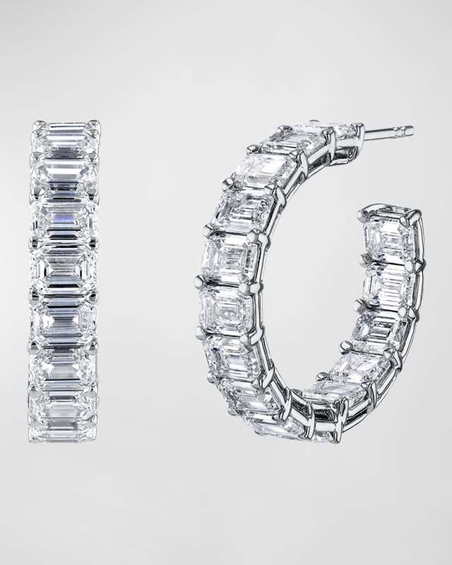 18K Gold East-West Emerald-Cut Diamond Hoop Earrings, 10tcw/0.75"L