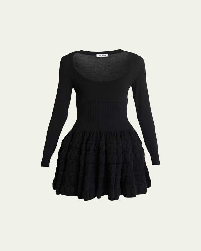 Scoop-Neck Wool Skater Mini Dress with 3-D Detail