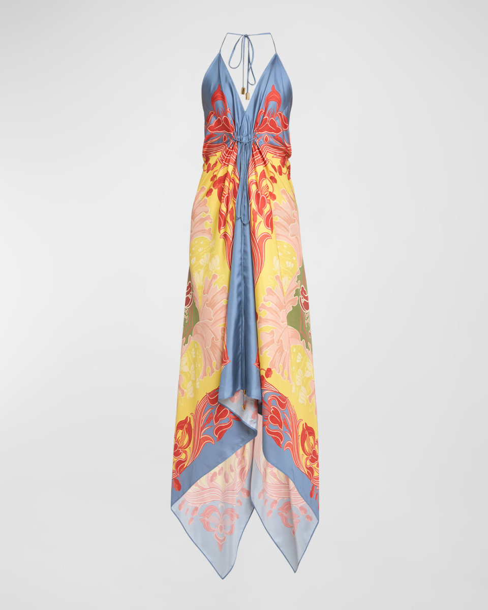Wallpaper-Print Halter High-Low Foulard Sundress